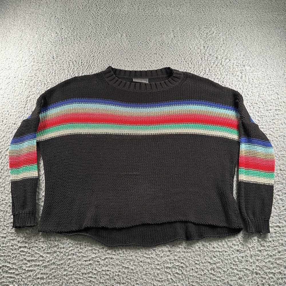 Wooden Ships‎ Sweater Womens XS Black Multicolor Striped Knit Crewneck Boxy Flaw